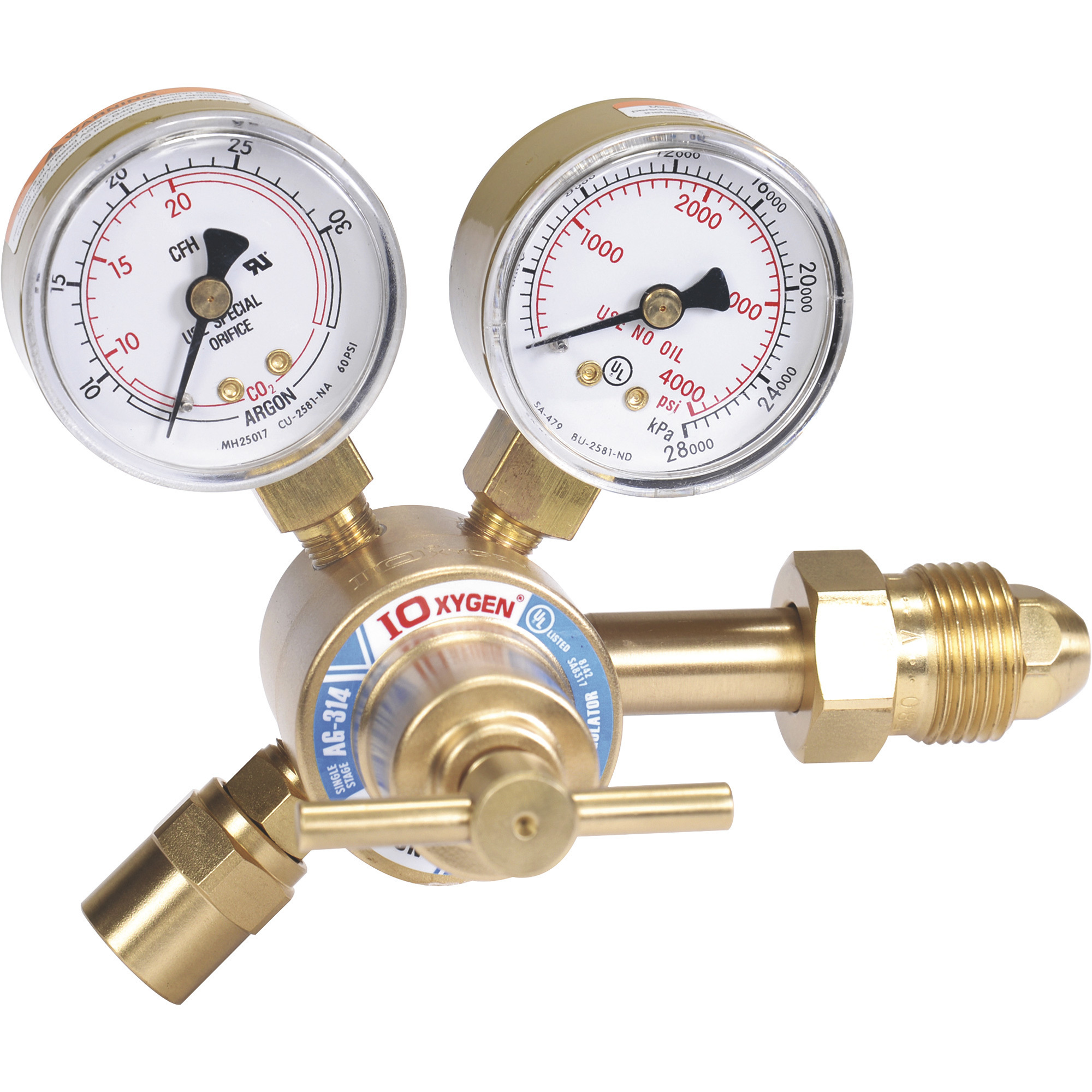 Klutch Flow Gauge MIG/TIG Regulator, Argon or Argon/CO2, 2in. Diameter